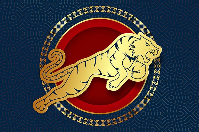 roaring jumping tiger traditional chinese new year background