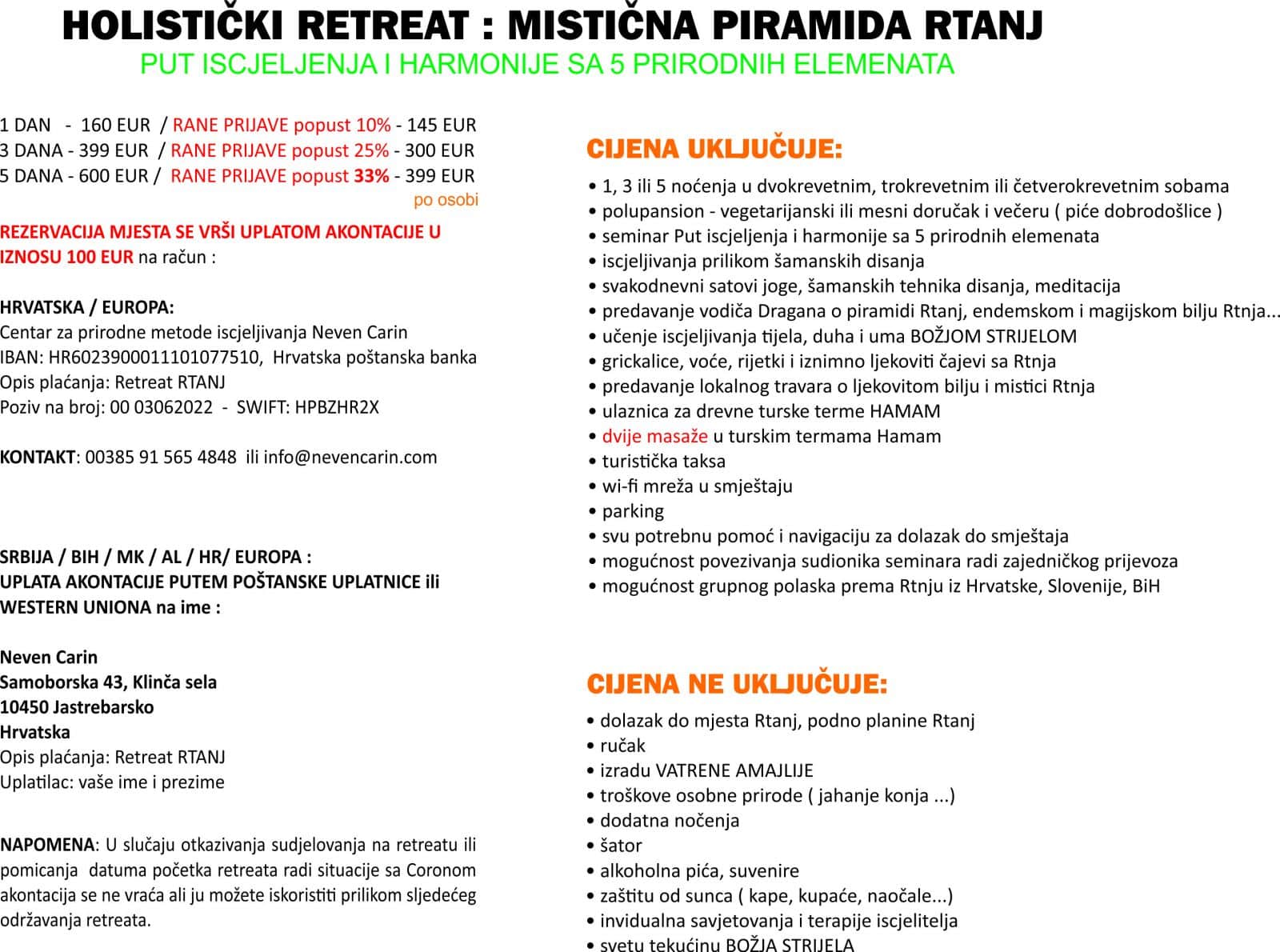 CIJENE RETREAT RTANJ Neven Carin