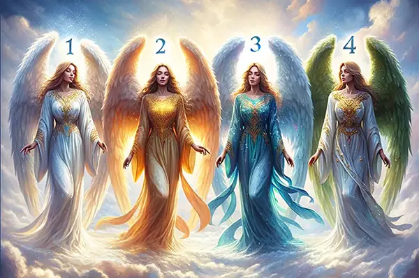 DALL·E 2024 03 12 23.06.26 Create an image showing four numbered mystical angels standing in a celestial setting