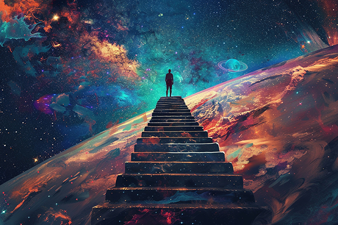 Surreal Stairway to Space Silhouette Figure, Cosmic Galaxy Background, Ascension