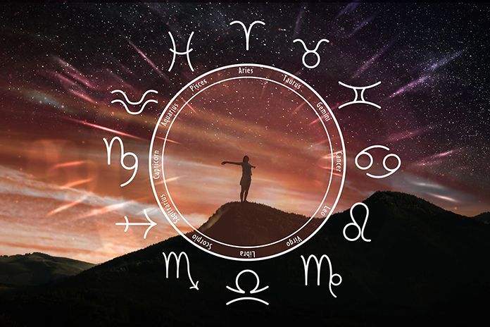 Zodiac wheel and photo of woman in mountains under starry sky. B