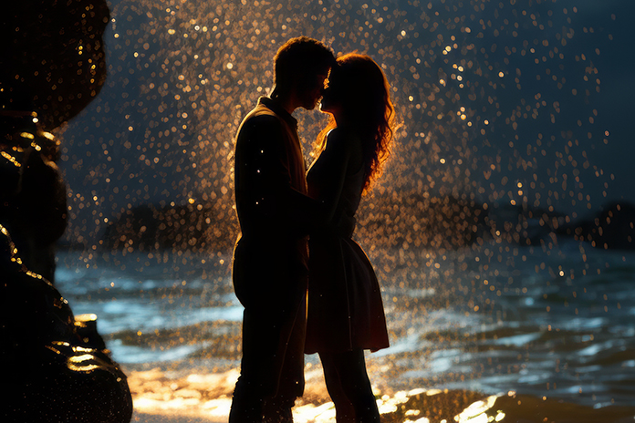 Close up stock photo of A romantic moment between two men sharin